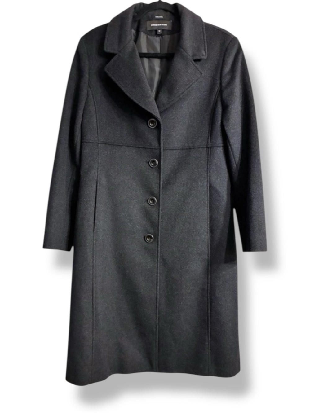 🖤 Jones New York Charcoal Wool Blend Long Coat Size 12 Classic Button Front EUC